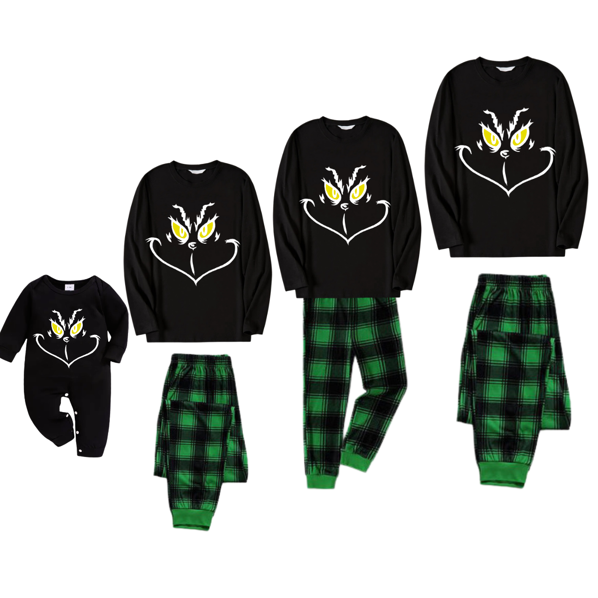 Christmas Cartoon Face Print Black Long Sleeve Top with Green and Black Plaid Family Matching Pajamas