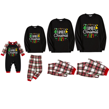 "Family Christmas 2024" Pattern Ⅰ- Black Top with Red & White & Green Plaid Pants Family Matching Pajamas