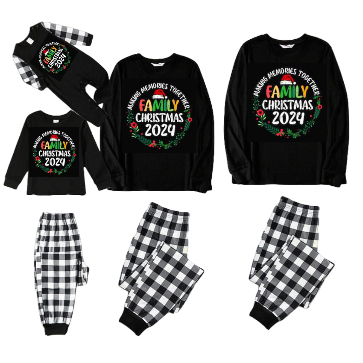 "Family Christmas 2024 Making Memories Together" Text Print Black and White Plaid Family Matching Pajamas