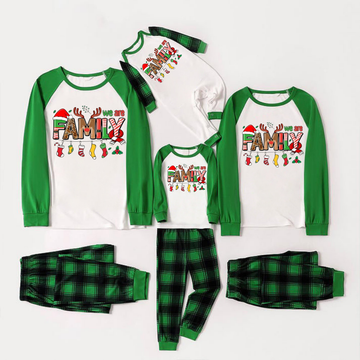 Cute Family Text Print Long Sleeve Top With Green & Black Plaid Christmas Matching Pajamas