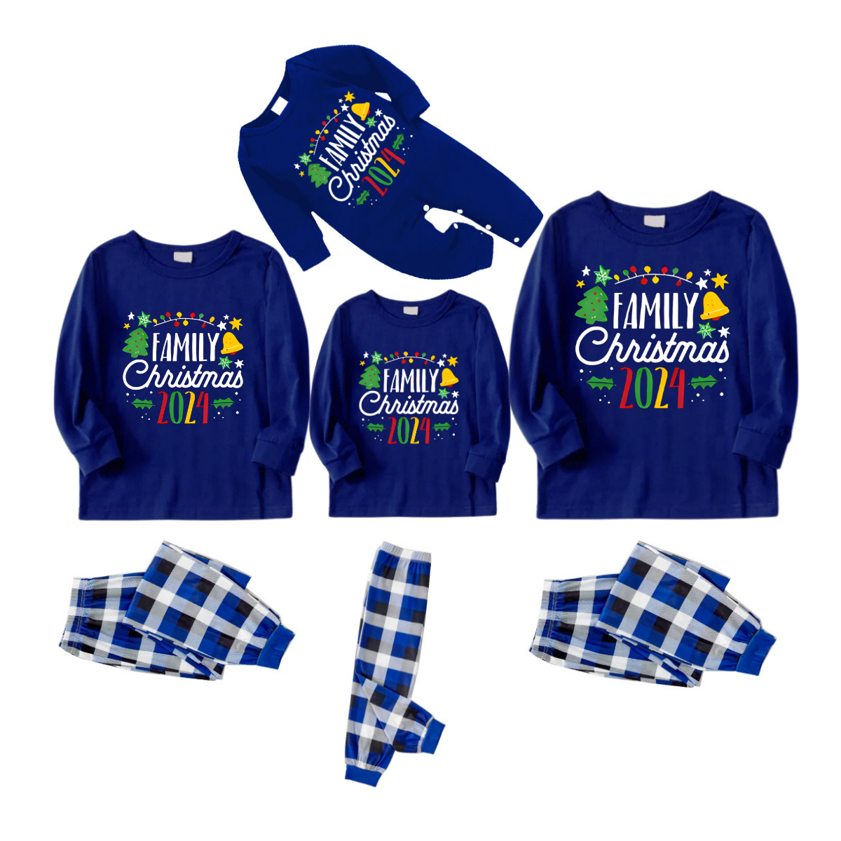 "Family Christmas 2024" Text and Cute Pattern Printed Blue and White Plaid Family Matching Pajamas