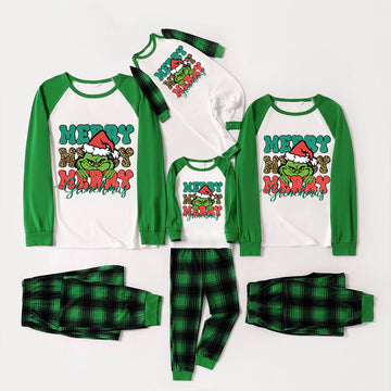 Christmas Cute Cartoon Face and 'Merry Merry Merry' Letter Print Casual Long Sleeve Sweatshirts Green Contrast Tops and Black and Green Plaid Pants  Family Matching Raglan Long-sleeve Pajamas Sets