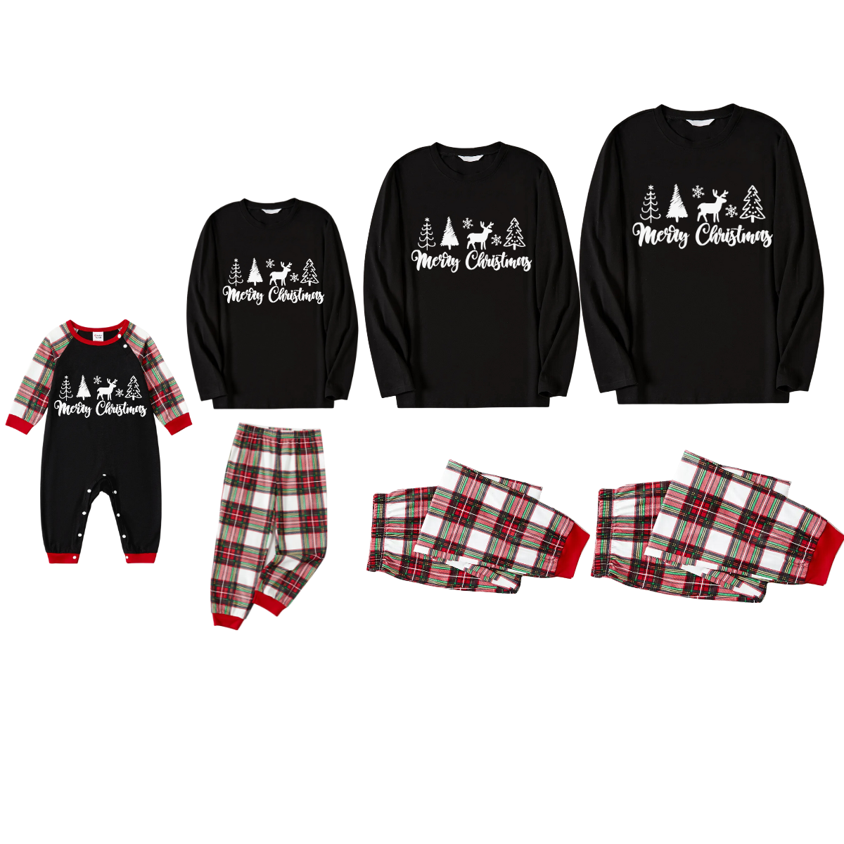 Christmas Pattern and Text Print Black Long Sleeve Top with Red & White & Green Plaid Family Matching Pajamas