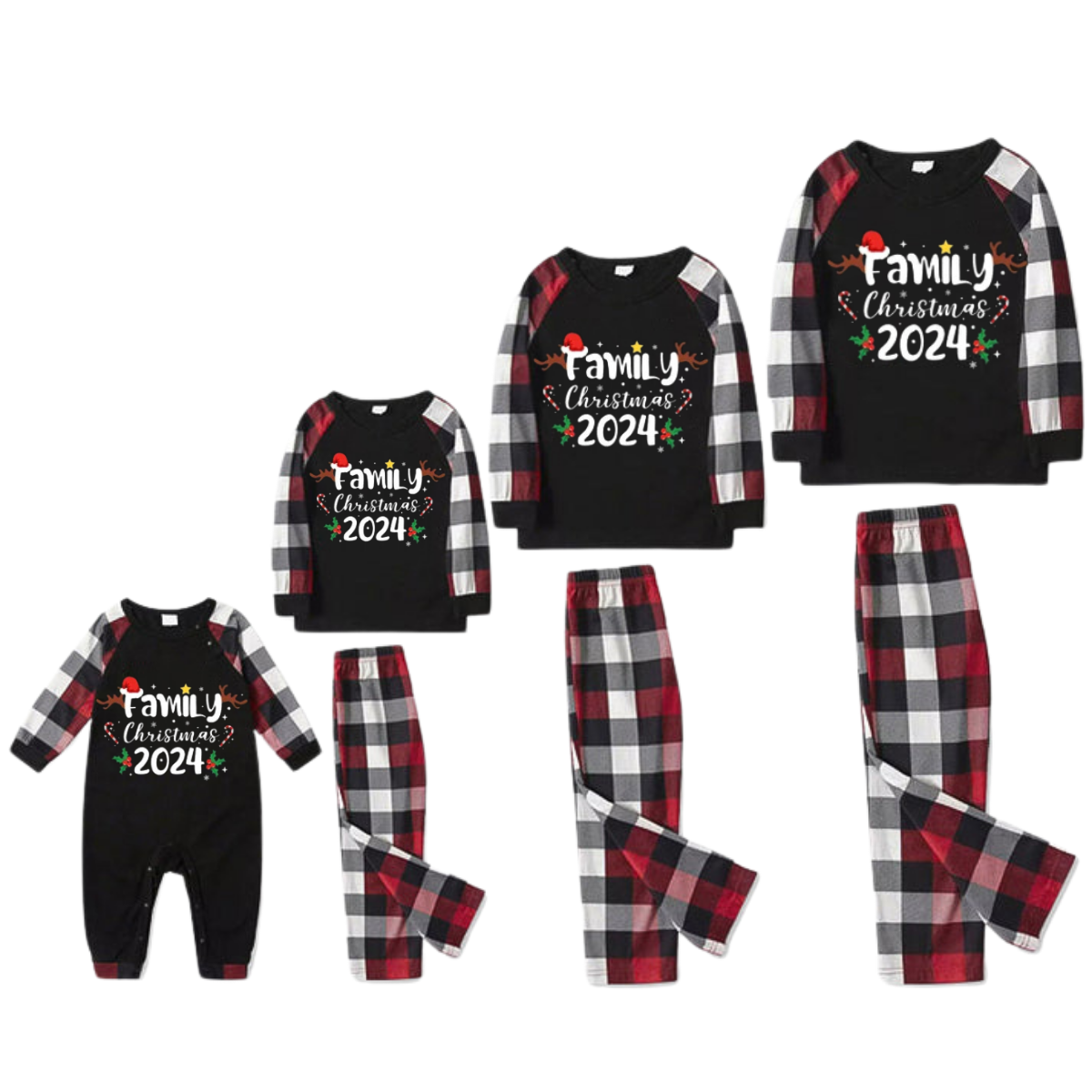 "FAMILY CHRISTMAS 2024" Text And Santa Hat & Snowflake Printed Pattern - Black Top with Red&Black&White Plaid Sleeves - Family Matching Pajamas