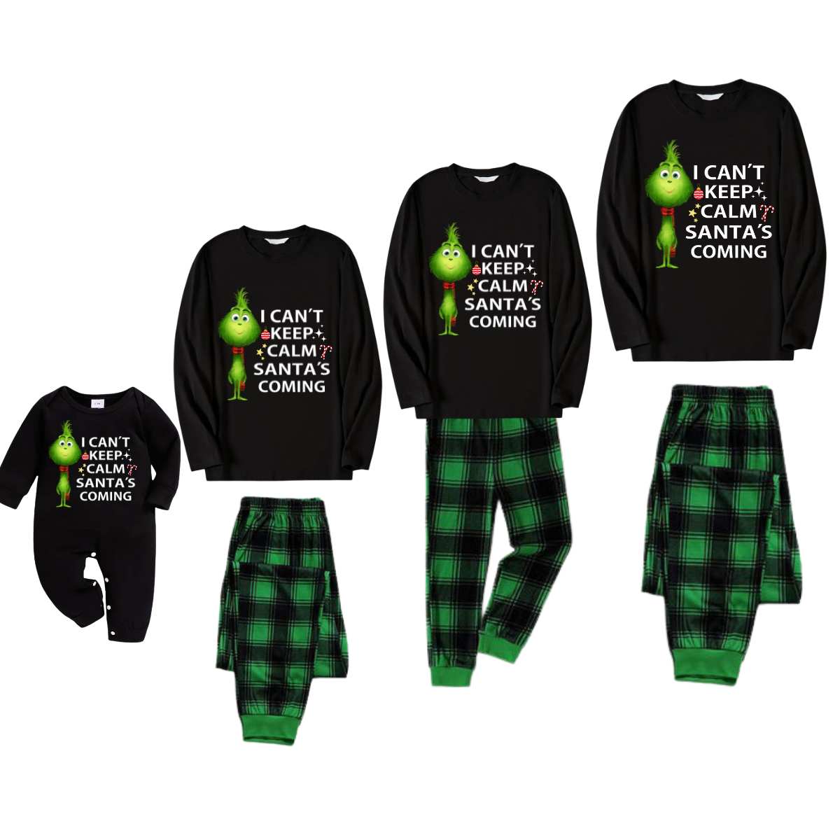 "I Can't Keep Calm, Santa's Coming" Slogan Printed Black and Green Plaid Christmas Matching Pajamas