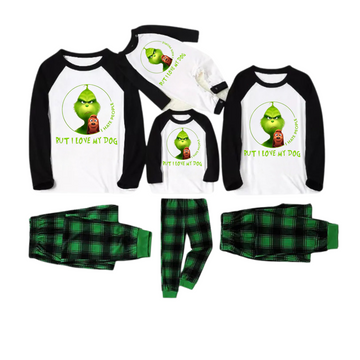 Cartoon Pattern and "I Hate People, But I Love My Dog" Printed Green and Black Plaid Christmas Family Pajamas