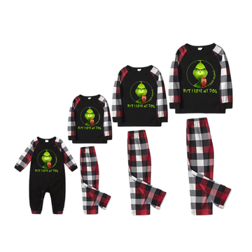 'I Hate People But I love My Dog' Text With Green Cartoon Characters and Dog Pattern Contrast Black Top Red&Black&White Plaid Pants Family Matching Pajamas