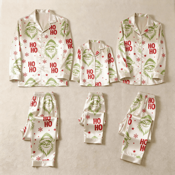 Green Face & Ho Ho Text Print Satin Button-Up Family Christmas Pajamas Set