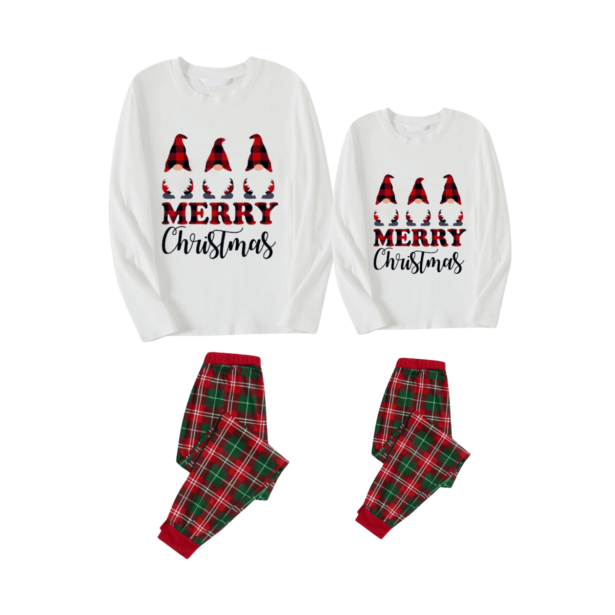 MERRY Christmas Letters and Santa Hat Printed White Top with Red & Green Plaid Pants Couple Pajamas