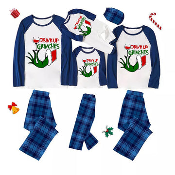 Christmas Cute Cartoon Wine Glass and 'Drink Up' Letter Print Casual Long Sleeve Sweatshirts Contrast Blue & White Top and Black and Blue Plaid Pants Family Matching Pajamas Sets