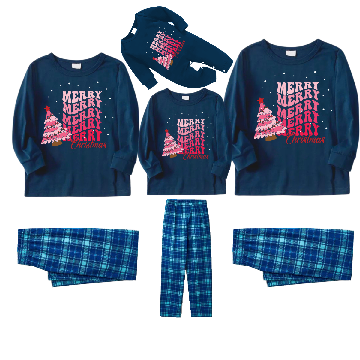 "Merry Christmas" and Tree Printed Blue Long Sleeve Top With Blue Plaid Family Matching Pajamas