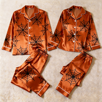 Halloween Spider Web Satin Matching Pajamas for Couples – Long Sleeve Button-Down Top & Pants Sleepwear Set