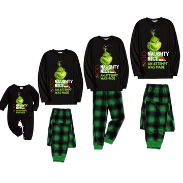 Cute Cartoon Pattern and Slogan Text Printed Black and Green Plaid Christmas Matching Pajamas