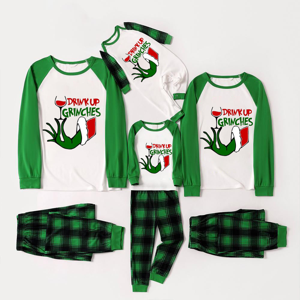 Christmas Cute Cartoon Wine Glass and 'Drink Up' Letter Print Casual Long Sleeve Sweatshirts Green Contrast Tops and Black and Green Plaid Pants  Family Matching Raglan Long-sleeve Pajamas Sets