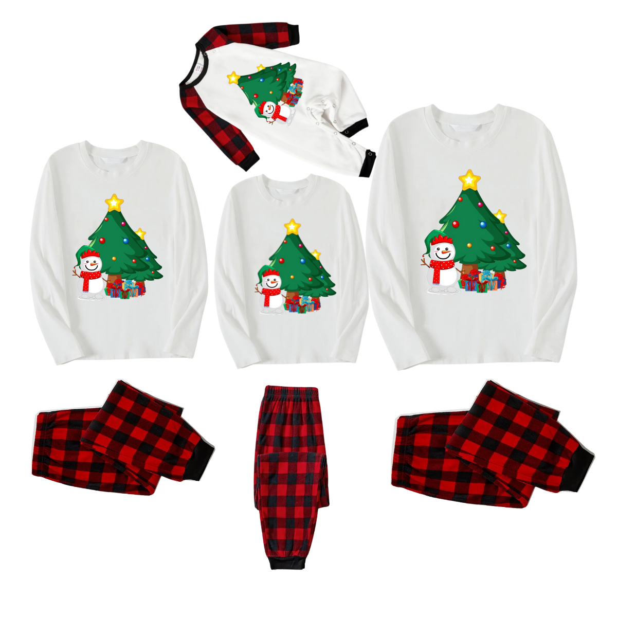 Christmas Tree And Smiling Snowman with Gift Pattern White Long Sleeve Top with Red & Black Plaid Pants Family Matching Pajamas