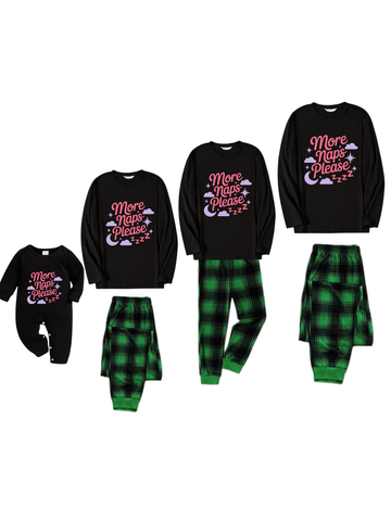 More Naps Please Letter Printed Green Black Plaid Matching Pajamas