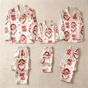 Red Face & Ho Ho Text Print Satin Button-Up Family Christmas Pajamas Set