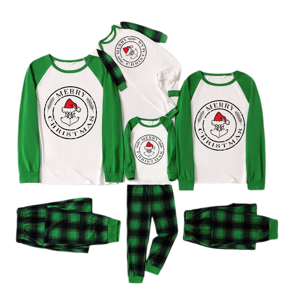 Cartoon Face and Merry Christmas Text Print Long Sleeve Top With Green & Black Plaid Family Matching Pajamas