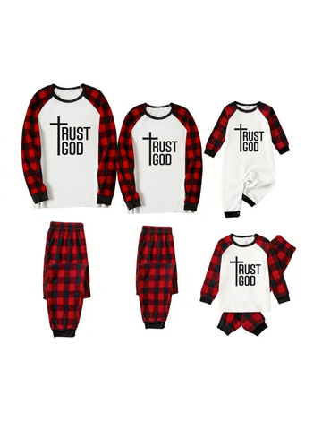 Trust God & Cross Letter Print White Long Sleeve with Black&Red Plaid Pants Family Matching Pajamas
