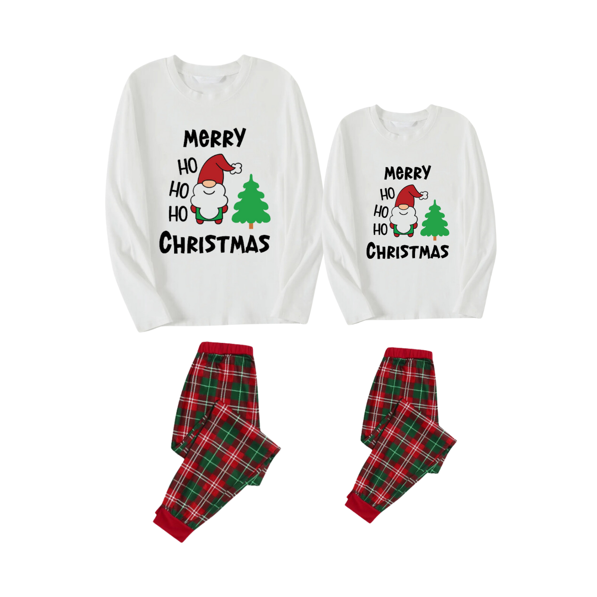 "HO HO HO Merry Christmas" 2024 White Long Sleeve Top with Red & Green Plaid Couple Matching Pajamas