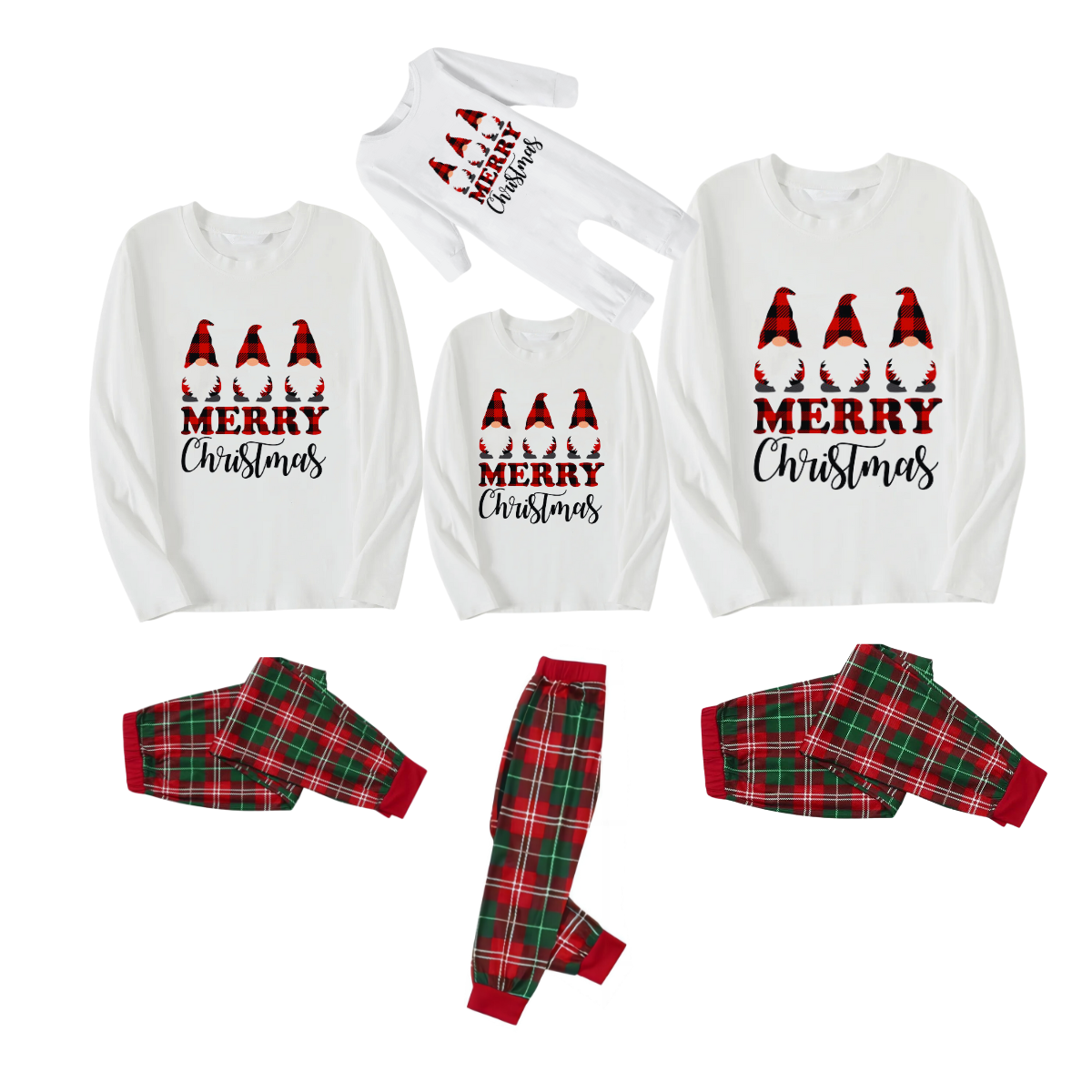 MERRY Christmas Letters and Santa Hat Printed White Top with Red & Green Plaid Pants Family Pajamas