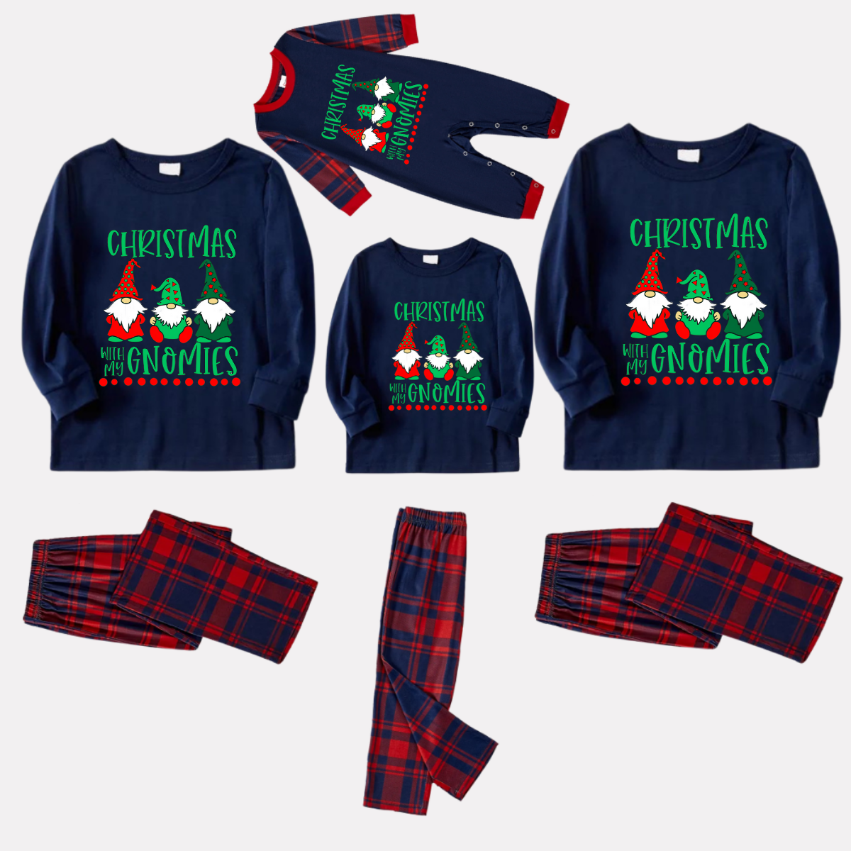 Navy & Red Plaid Christmas Pajamas Set With "Christmas With My Gnomies" Text Print
