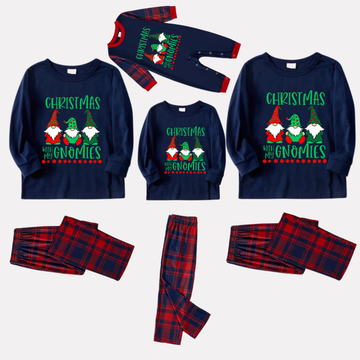 Navy & Red Plaid Christmas Pajamas Set With "Christmas With My Gnomies" Text Print
