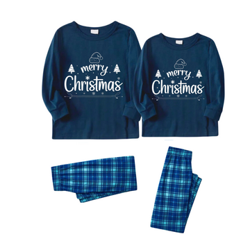 "Merry Christmas" White Letter 2024 Blue Long Sleeve Top With Blue Plaid Couple Matching Pajamas