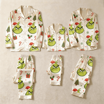 Angry Green Face & Holiday Icon Print Satin Button-Up Family Christmas Pajamas Set
