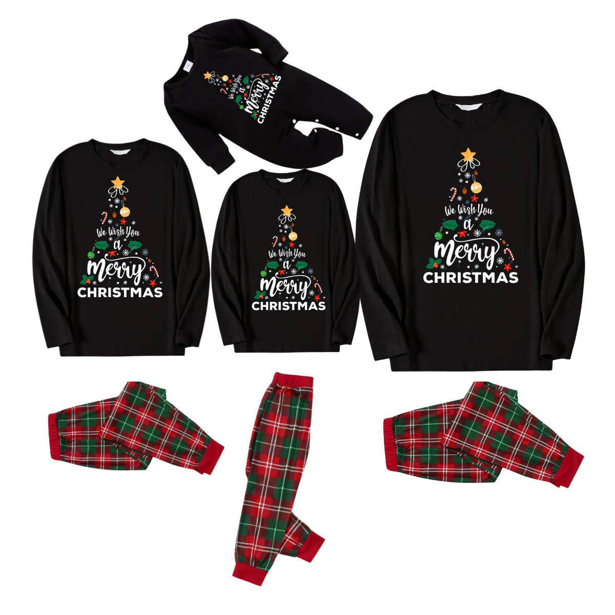 "We Wish You a Merry Christmas" Printed Pattern Black Long Sleeve Top with Red & Green Plaid Pants Family Matching Pajamas