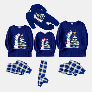 Navy & White Plaid Christmas Pajamas Set with Snowman & Christmas Tree Print