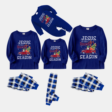 Navy & White Plaid Christmas Pajamas Set With "Jesus is the Reason for the Season" Text Print