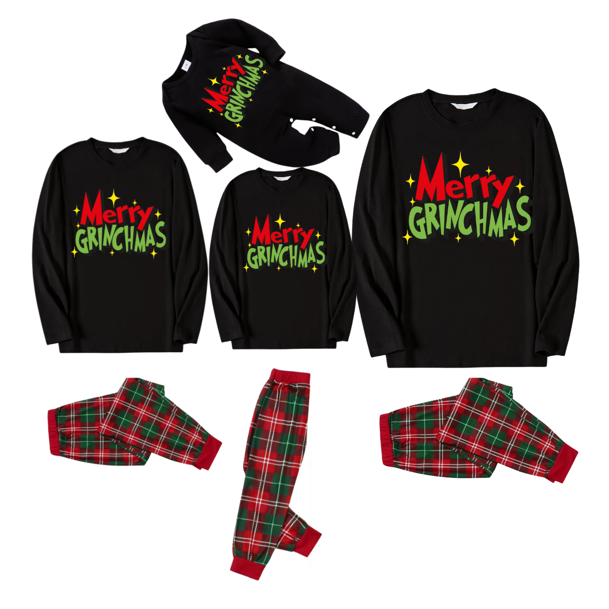 Funny Christmas Slogan Print Black Long Sleeve Top with Green & Red Plaid Family Matching Pajamas