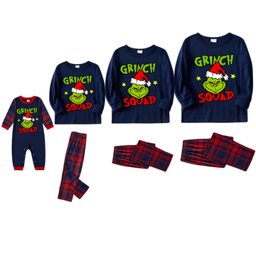 Christmas Cartoon Pattern and Letter Print Blue Long Sleeve Top with Red & Blue Plaid Family Matching Pajamas