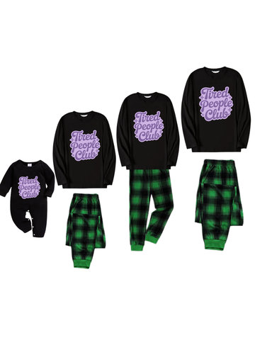 Tired People Club Letter Printed Green Black Plaid Matching Pajamas
