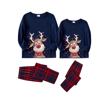 Christmas Deer Print Blue Long Sleeve Top with Red & Blue Plaid Christmas Couple Matching Pajamas