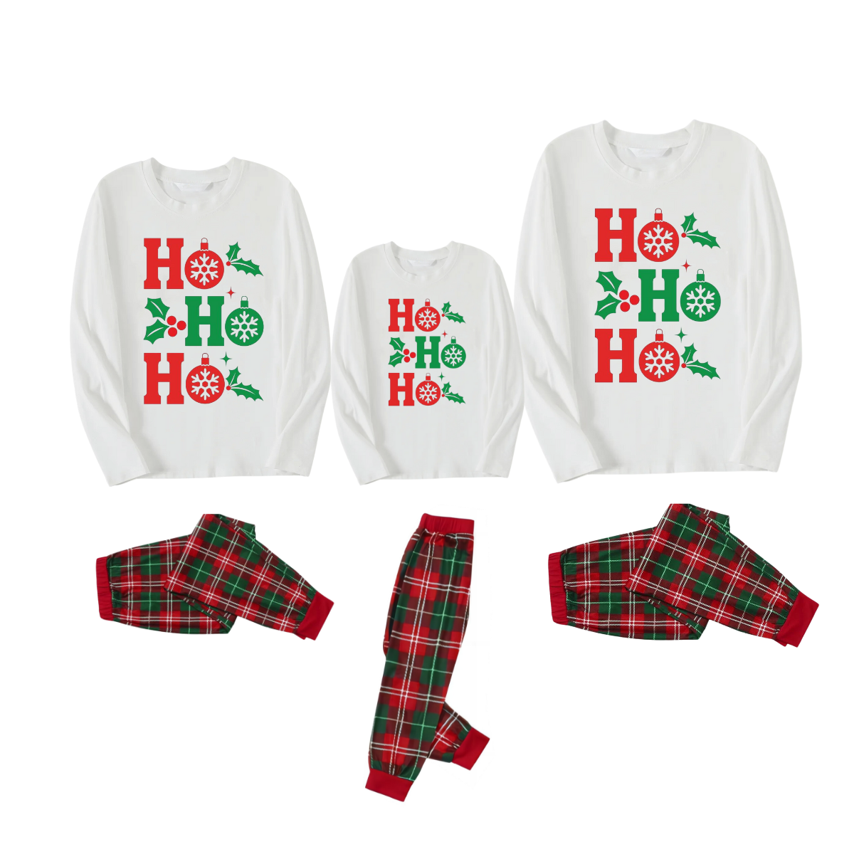 "HO HO HO" Letter Christmas 2024 White Long Sleeve Top with Red & Green Plaid Family Matching Pajamas