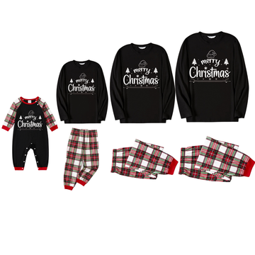 "Merry Christmas" White Letter 2024 Black Top with Red & White & Green Plaid Pants Family Matching Pajama