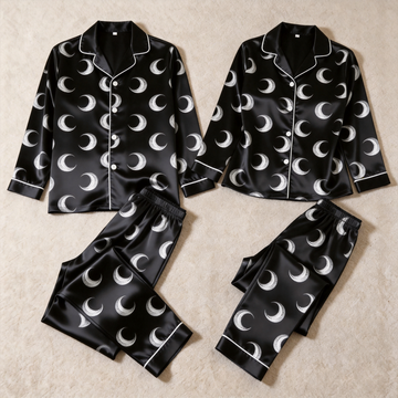 Crescent Moon Print Satin Matching Pajamas for Couples – Long Sleeve Button-Down Top & Pants Sleepwear Set