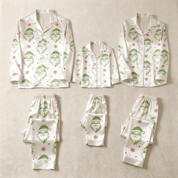 Green Bearded Face & Snowflake Print Satin Button-Up Family Christmas Pajamas Set