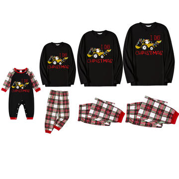 Christmas Excavator Print Black Long Sleeve Top with Red & White & Green Plaid Family Matching Pajamas