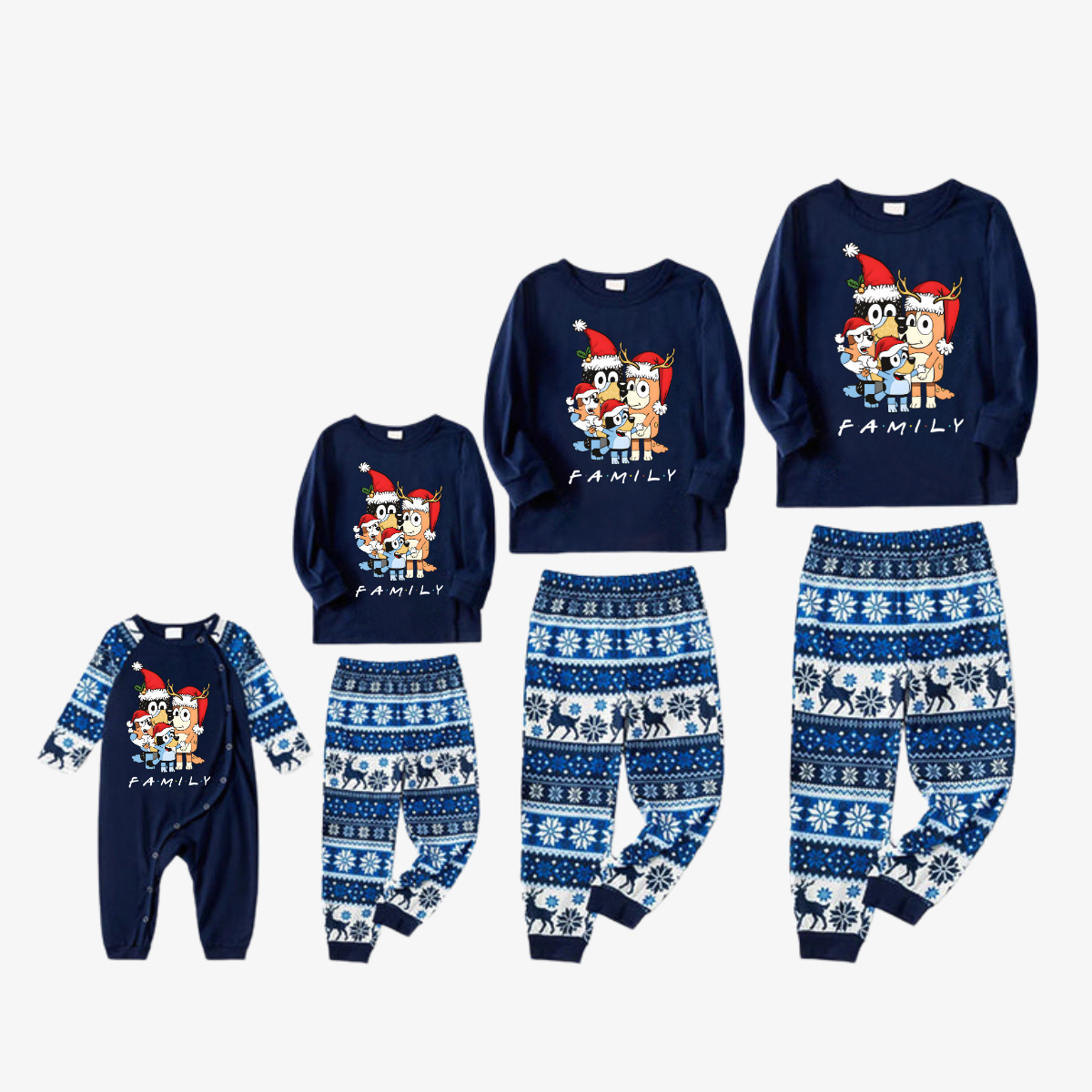 Bluey-Themed Festive Animal Pattern Navy Blue Plaid Family Pajama Sets