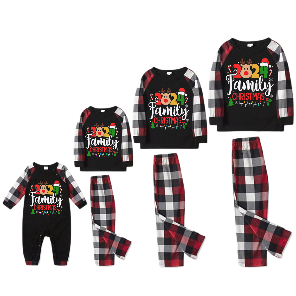 "2024 FAMILY CHRISTMAS " Colorful Text And Deer & Snowflake Printed Pattern - Black Top with Red&Black&White Plaid Sleeves - Family Matching Pajamas