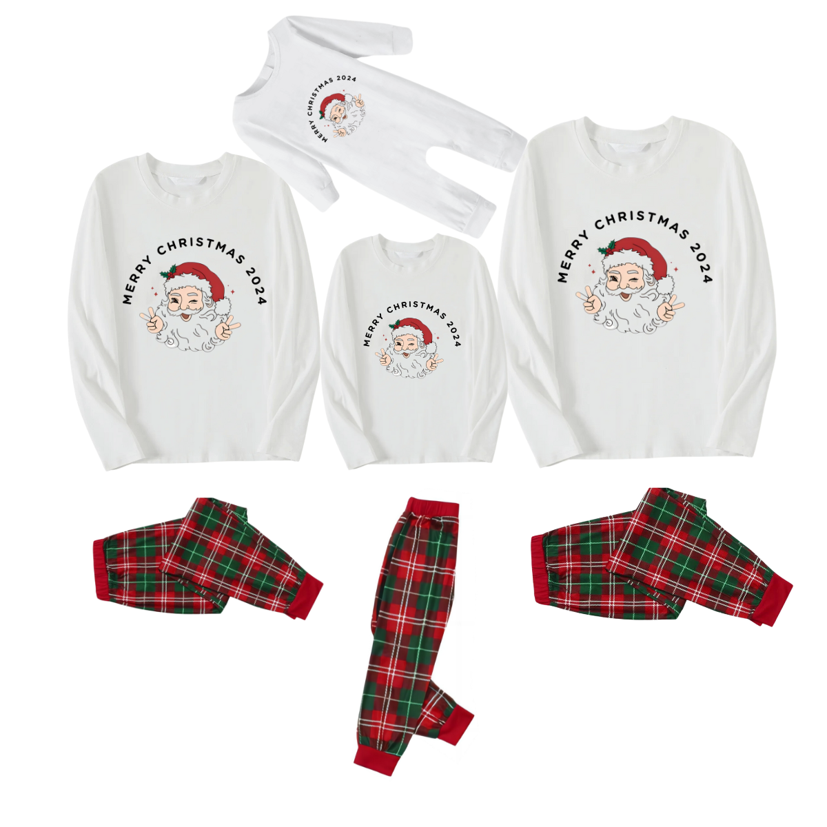 "Merry Christmas 2024" and Santa Printed Red & Green Plaid Family Matching Pajamas