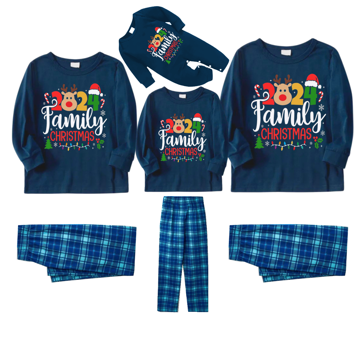 "Family Christmas 2024" Text and Deer Prints Blue Long Sleeve Top With Blue Plaid Family Matching Pajamas