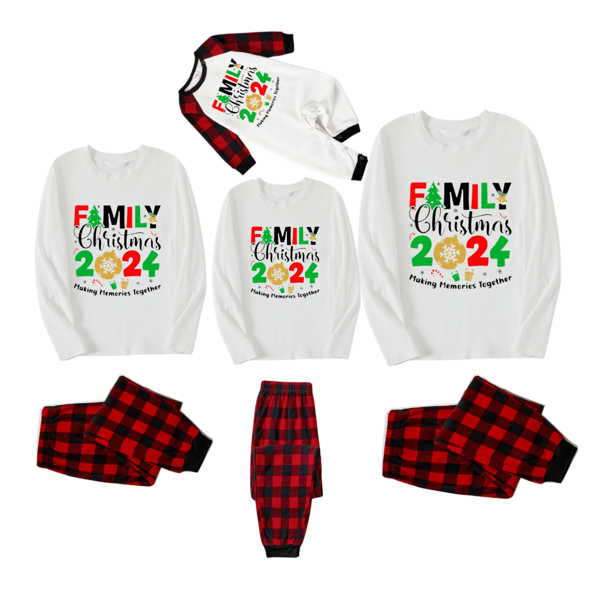 "Family Christmas 2024 Making Memories Together" Printed Red & Black Plaid Family Matching Pajamas