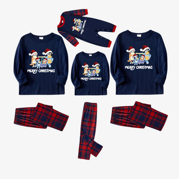 Bluey Character "Merry Christmas" Design Navy Blue and Red Plaid Pants Family Matching Pajama Set