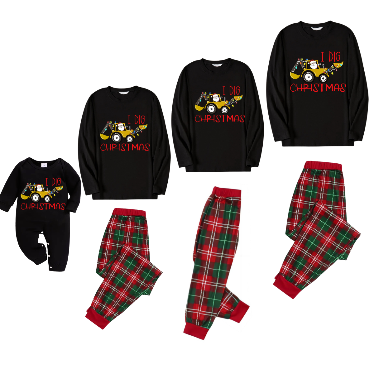 I DIG CHIRSTMAS Text Pattern Black Top Red and Green Plaid Family Matching Pajamas