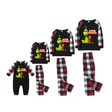 Cartoon Pattern and "Merry Whatever" Text Printed Contrast Black Top Red&Black&White Plaid Pants Family Matching Pajamas