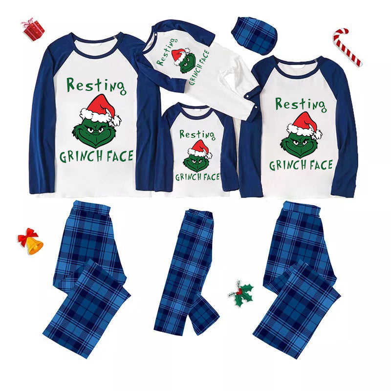 Christmas Cute Cartoon Wearing Christmas Hat and 'Resting Face' Letter Print Casual Long Sleeve Sweatshirts Contrast Blue & White Top and Black and Blue Plaid Pants Family Matching Pajamas Sets